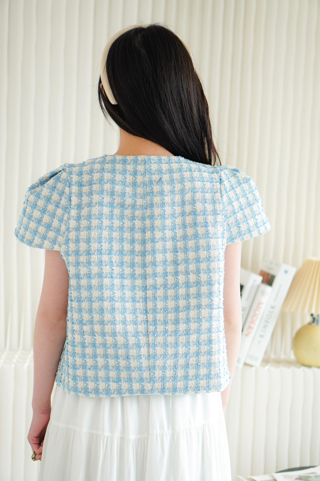 Yanka Gingham Tweed Button Down Top in Blue