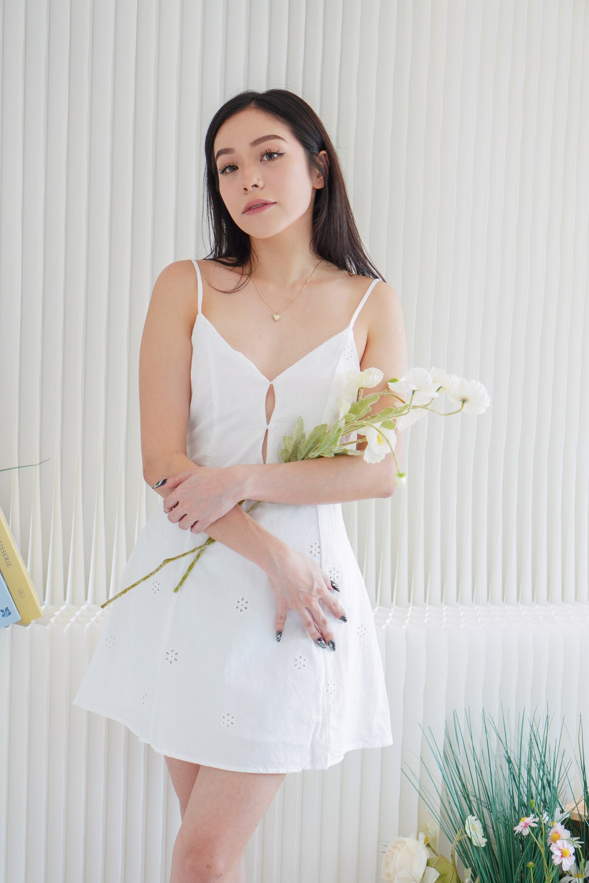 Amarie Eyelet V Neck Mini Dress in White