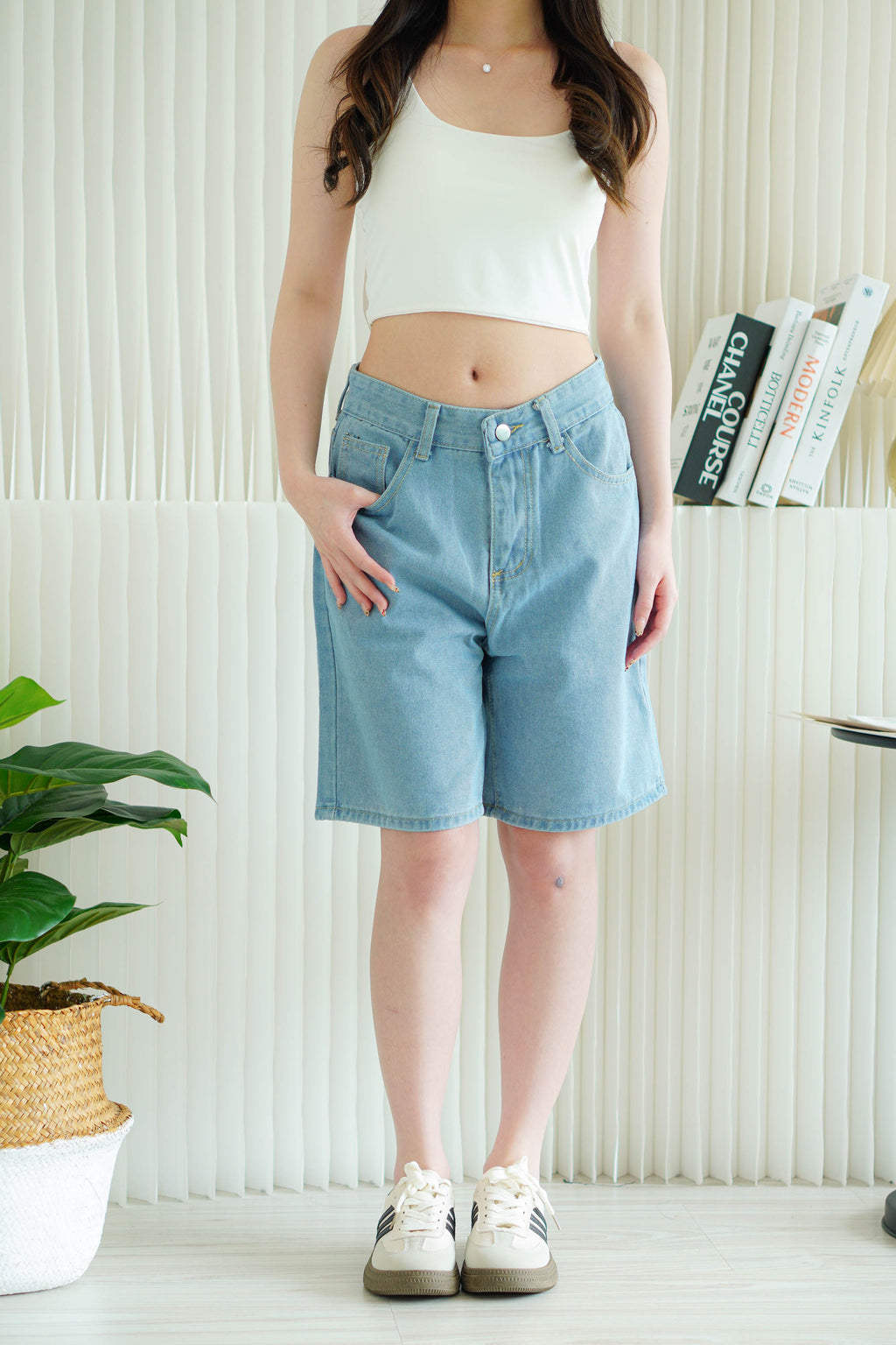Brix Midi Denim Shorts in Light Blue