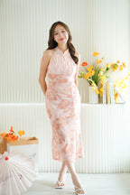 Rui Yi Halter Neck Floral Mesh Maxi Cheongsam in Peach Pink