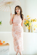 Rui Yi Halter Neck Floral Mesh Maxi Cheongsam in Peach Pink
