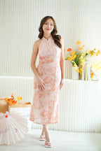 Rui Yi Halter Neck Floral Mesh Maxi Cheongsam in Peach Pink