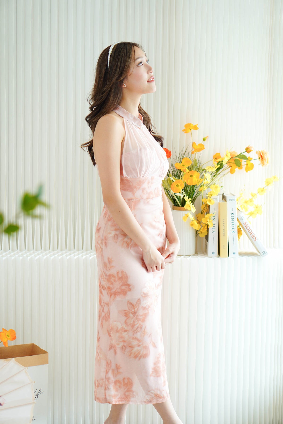 Rui Yi Halter Neck Floral Mesh Maxi Cheongsam in Peach Pink