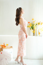 Rui Yi Halter Neck Floral Mesh Maxi Cheongsam in Peach Pink