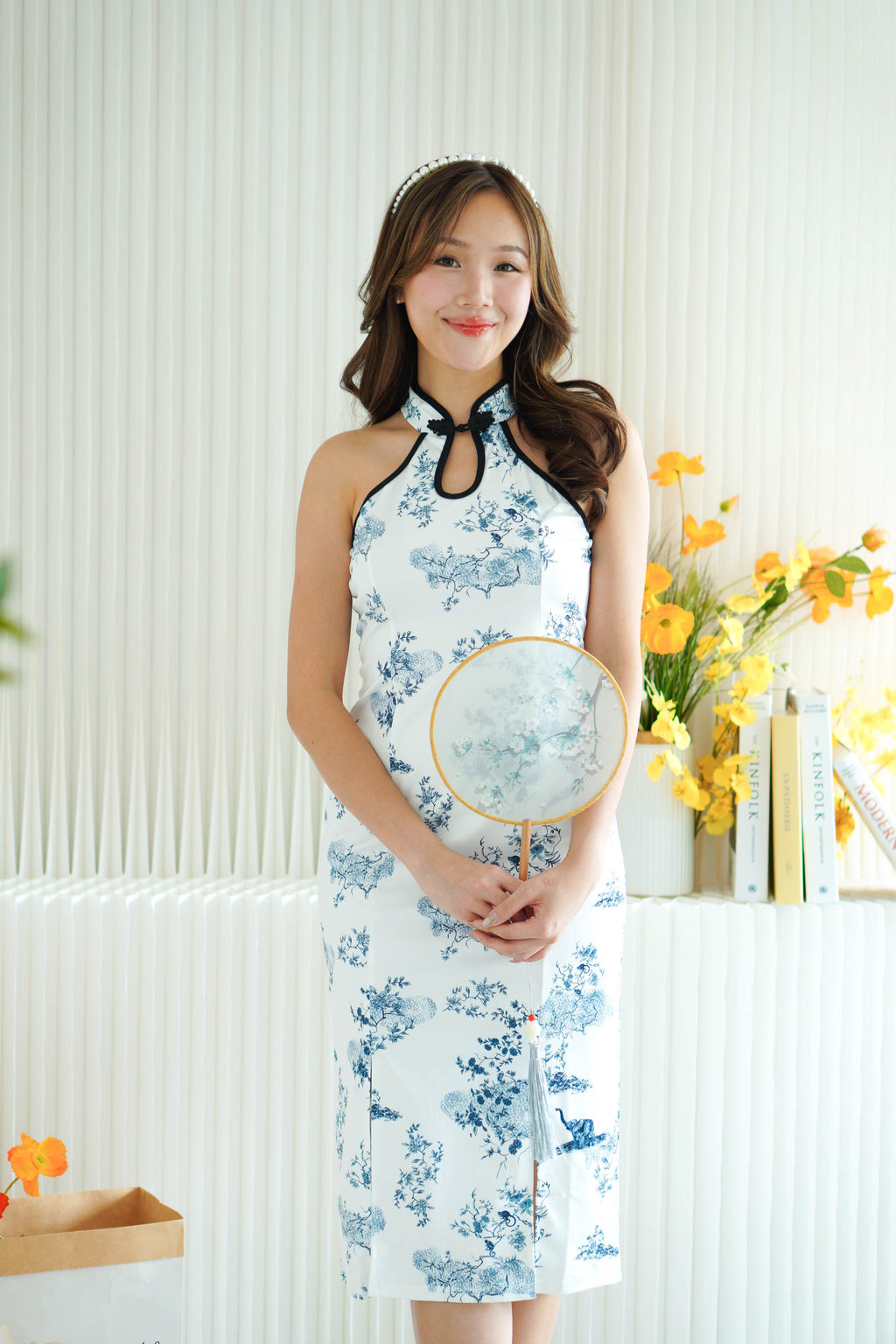 Ying Lan Halter Neck Floral Maxi Cheongsam in Blue and White