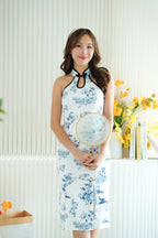 Ying Lan Halter Neck Floral Maxi Cheongsam in Blue and White