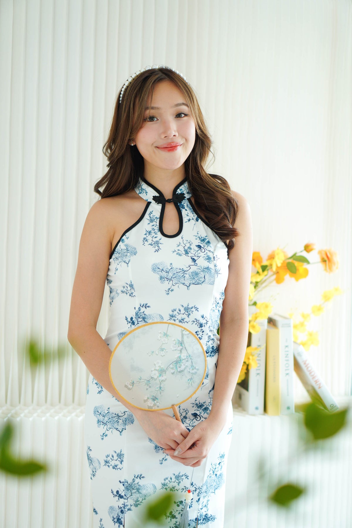 Ying Lan Halter Neck Floral Maxi Cheongsam in Blue and White
