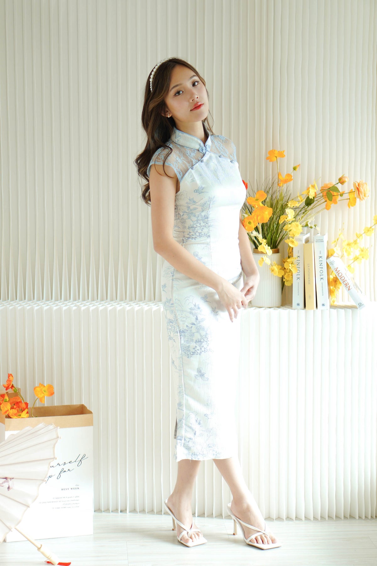 Ru Lan Floral Maxi Cheongsam with Lace in Light Blue