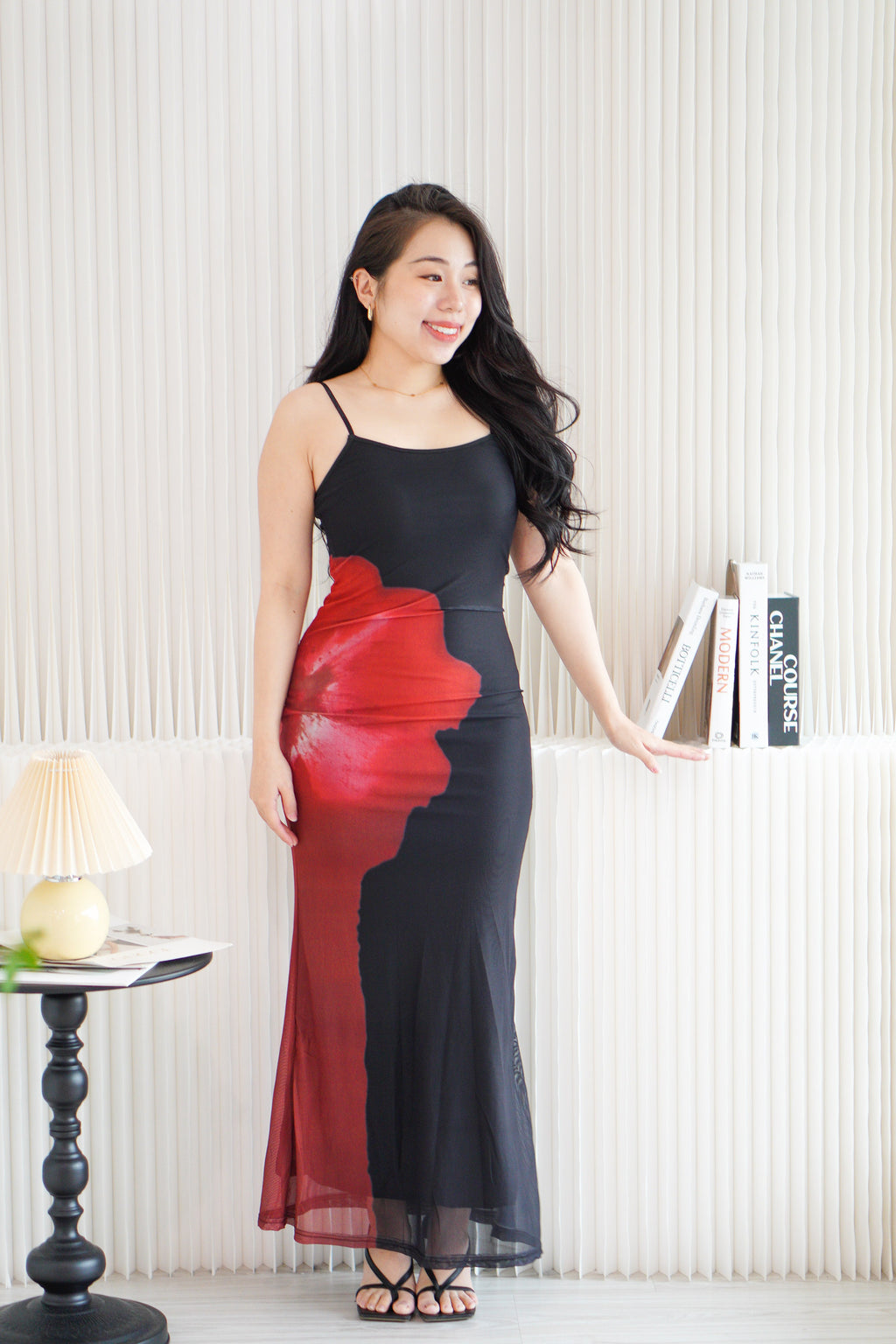 Hibiscus Mesh Maxi Bodycon Dress in Dark Red