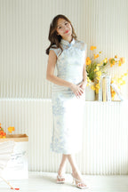 Ru Lan Floral Maxi Cheongsam with Lace in Light Blue
