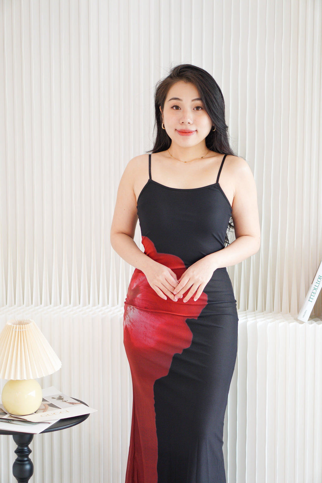 Hibiscus Mesh Maxi Bodycon Dress in Dark Red