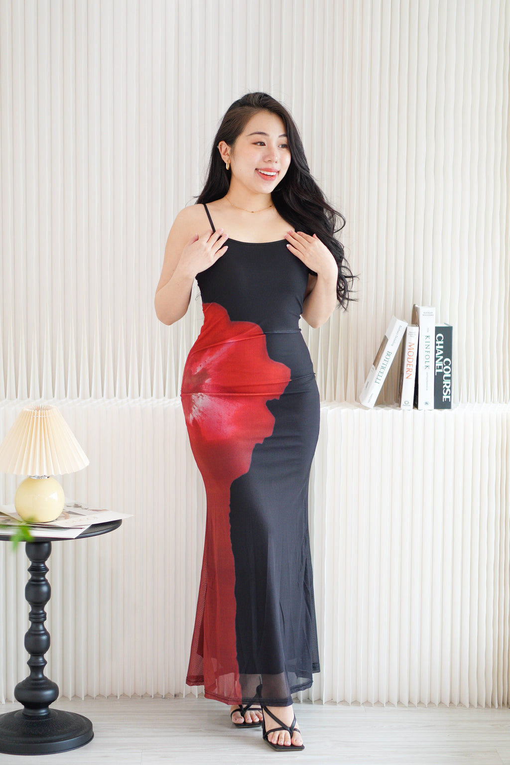 Hibiscus Mesh Maxi Bodycon Dress in Dark Red