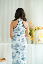 Ying Lan Halter Neck Floral Maxi Cheongsam in Blue and White