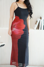 Hibiscus Mesh Maxi Bodycon Dress in Dark Red