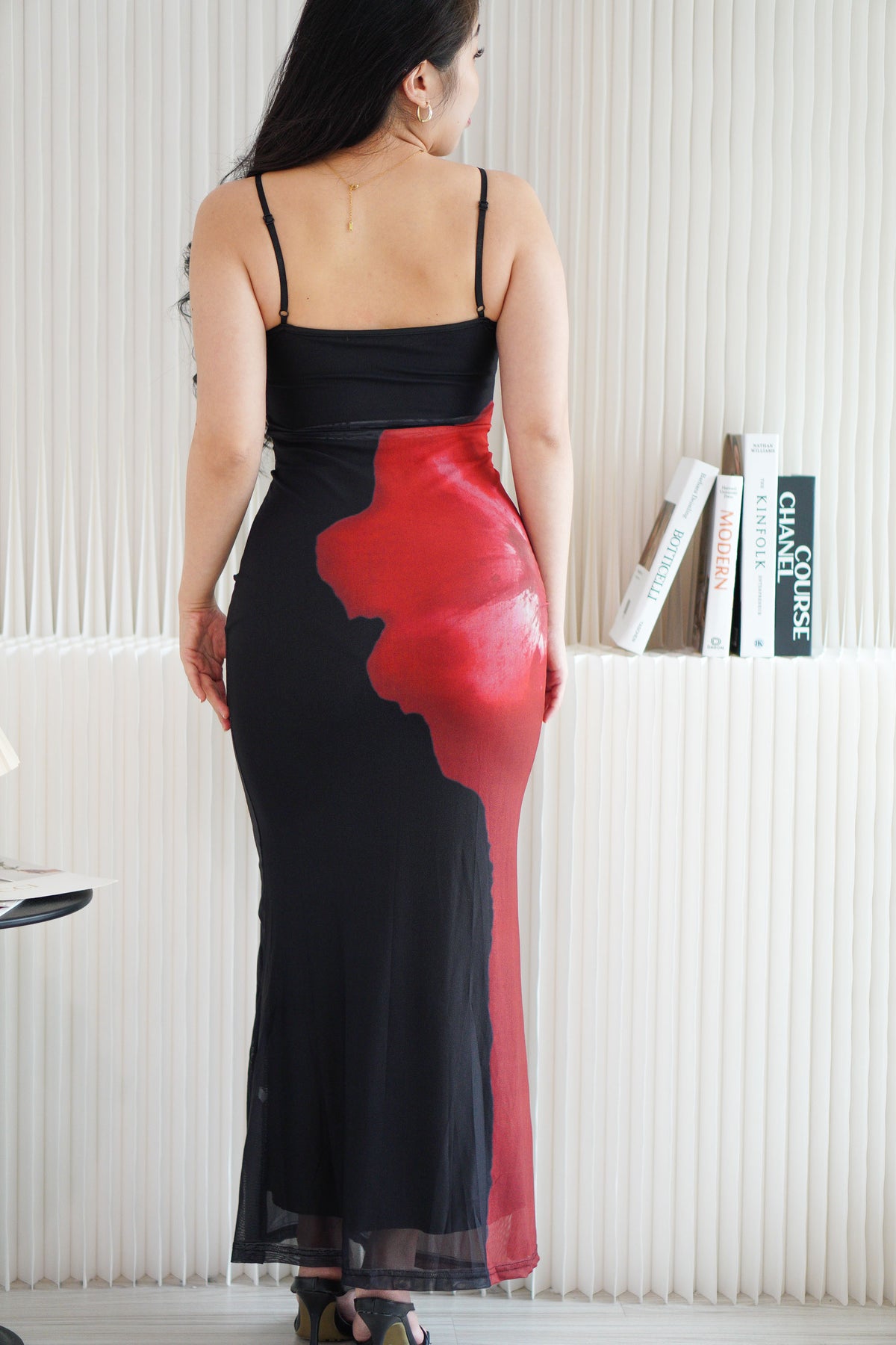 Hibiscus Mesh Maxi Bodycon Dress in Dark Red