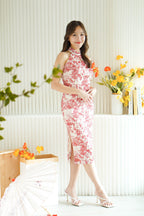 Reora Mini Pearls Halter Neck Floral Cheongsam in Red and Cream