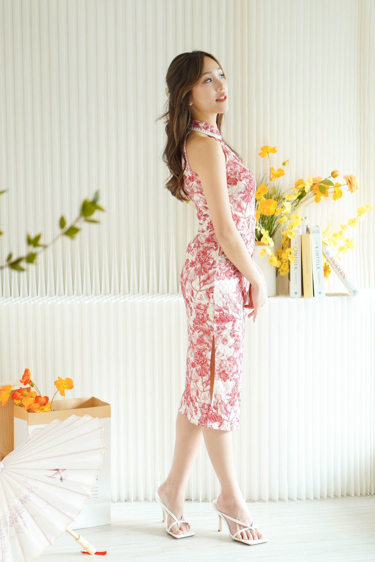 Reora Mini Pearls Halter Neck Floral Cheongsam in Red and Cream