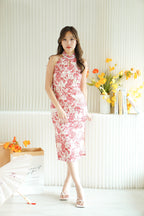 Reora Mini Pearls Halter Neck Floral Cheongsam in Red and Cream