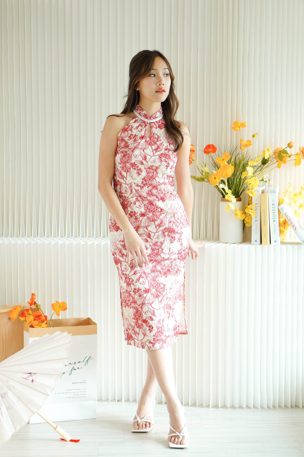 Reora Mini Pearls Halter Neck Floral Cheongsam in Red and Cream