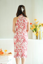 Reora Mini Pearls Halter Neck Floral Cheongsam in Red and Cream