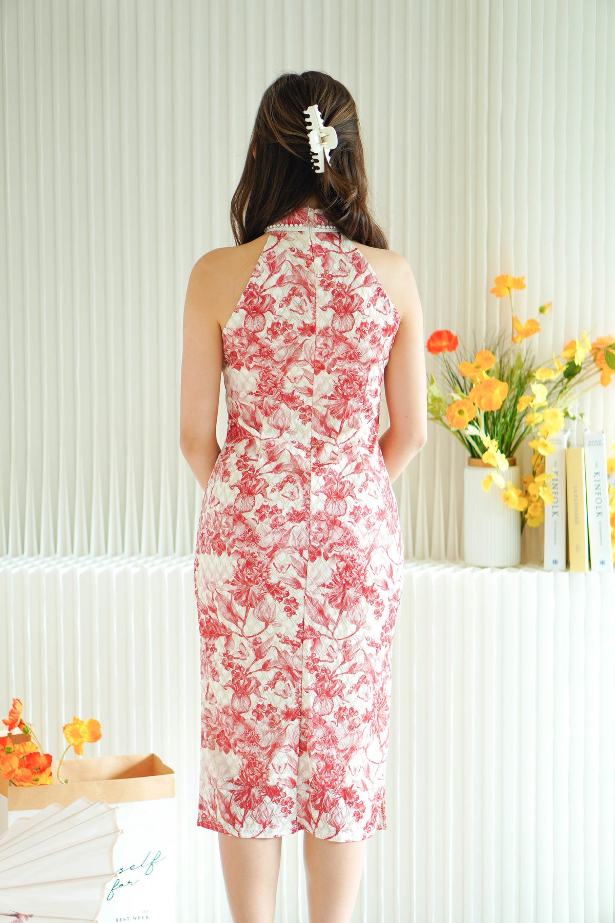 Reora Mini Pearls Halter Neck Floral Cheongsam in Red and Cream
