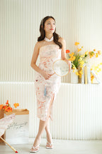 Hui En Halter Neck Floral Mesh Maxi Cheongsam in Pink
