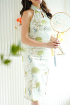 He Ying Halter Neck Floral Maxi Cheongsam in Green