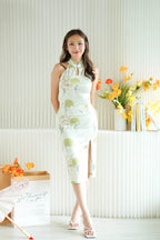 He Ying Halter Neck Floral Maxi Cheongsam in Green