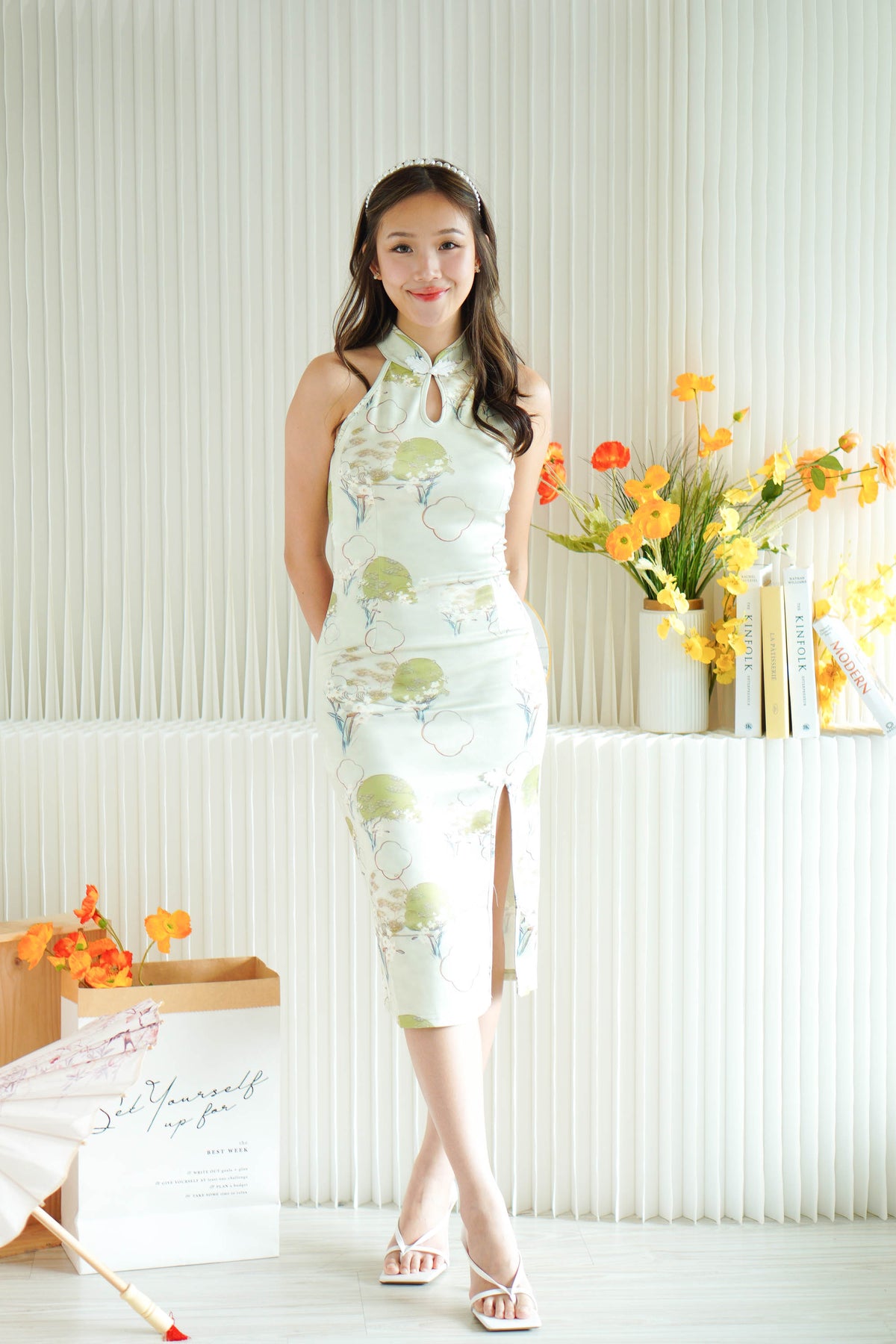 He Ying Halter Neck Floral Maxi Cheongsam in Green