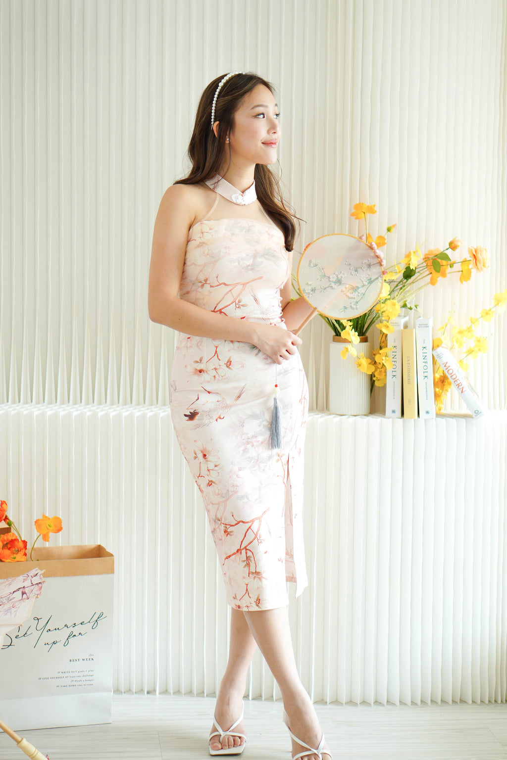 Hui En Halter Neck Floral Mesh Maxi Cheongsam in Pink