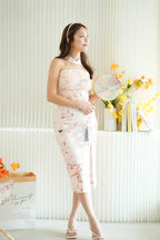 Hui En Halter Neck Floral Mesh Maxi Cheongsam in Pink