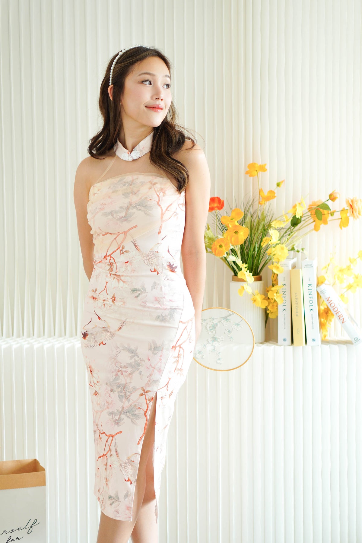 Hui En Halter Neck Floral Mesh Maxi Cheongsam in Pink
