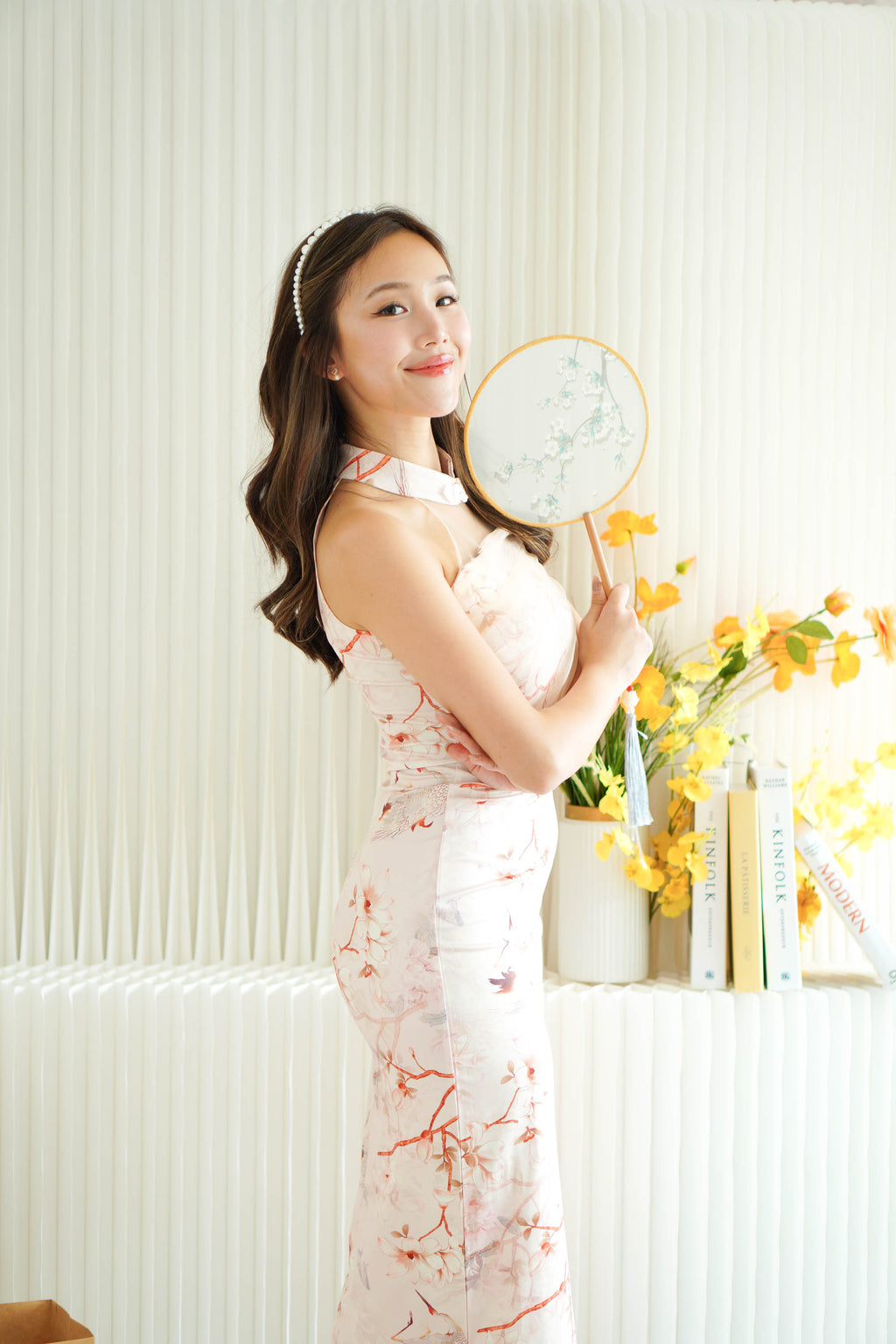 Hui En Halter Neck Floral Mesh Maxi Cheongsam in Pink