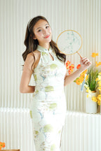 He Ying Halter Neck Floral Maxi Cheongsam in Green