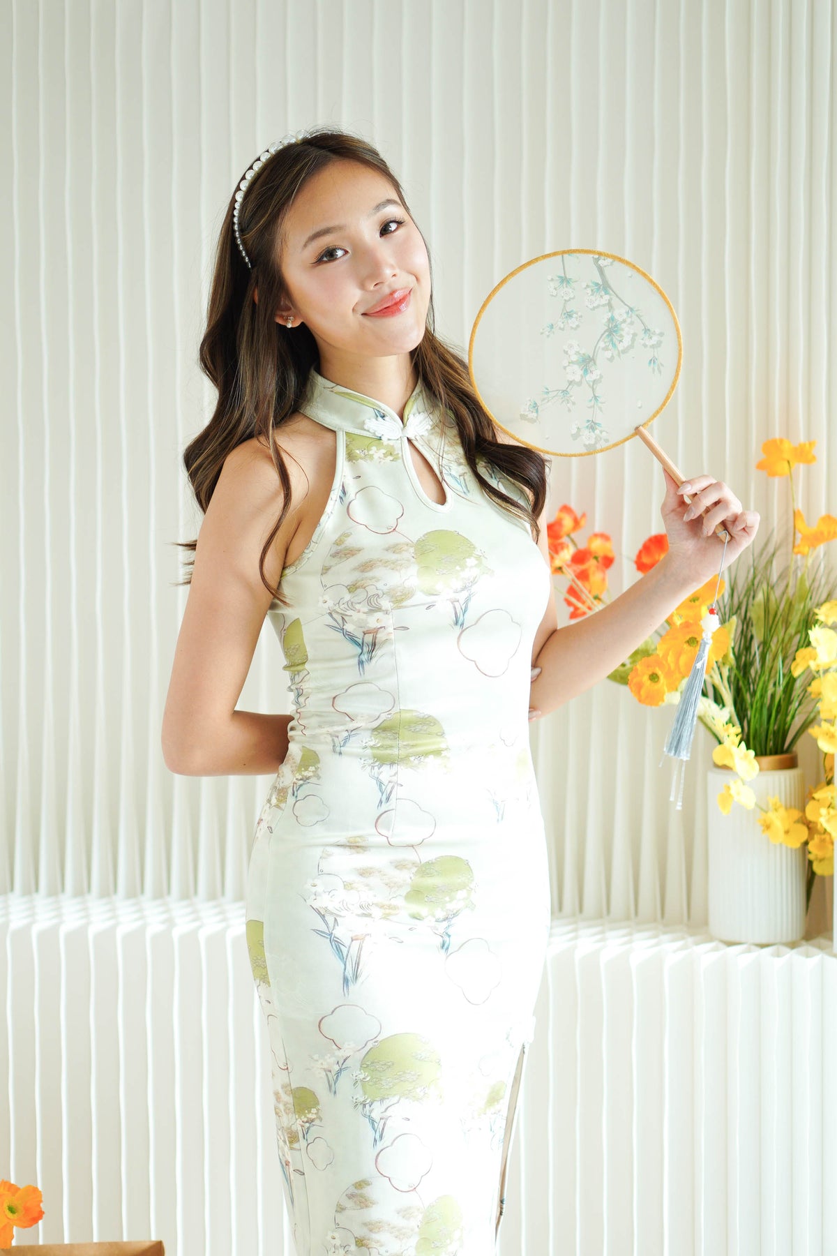 He Ying Halter Neck Floral Maxi Cheongsam in Green