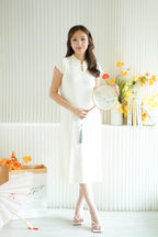 Mi Wen Short Sleeves Long Knit Cheongsam in Cream