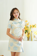 Yi Lan Short Cheongsam in Cream with Blue Knot