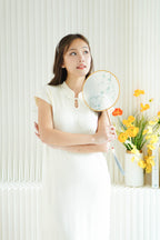 Mi Wen Short Sleeves Long Knit Cheongsam in Cream