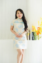Yi Lan Short Cheongsam in Cream with Blue Knot
