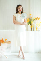 Mi Wen Short Sleeves Long Knit Cheongsam in Cream