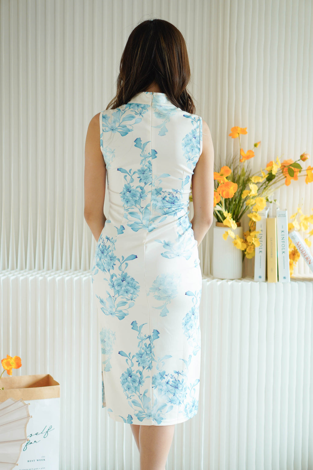 Lan Xin High Neck Floral Maxi Cheongsam in Blue and White