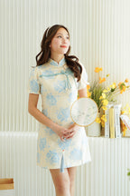 Yi Lan Short Cheongsam in Cream with Blue Knot