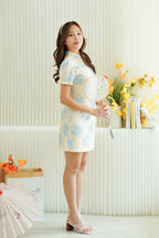 Yi Lan Short Cheongsam in Cream with Blue Knot