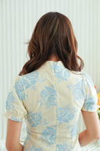 Yi Lan Short Cheongsam in Cream with Blue Knot