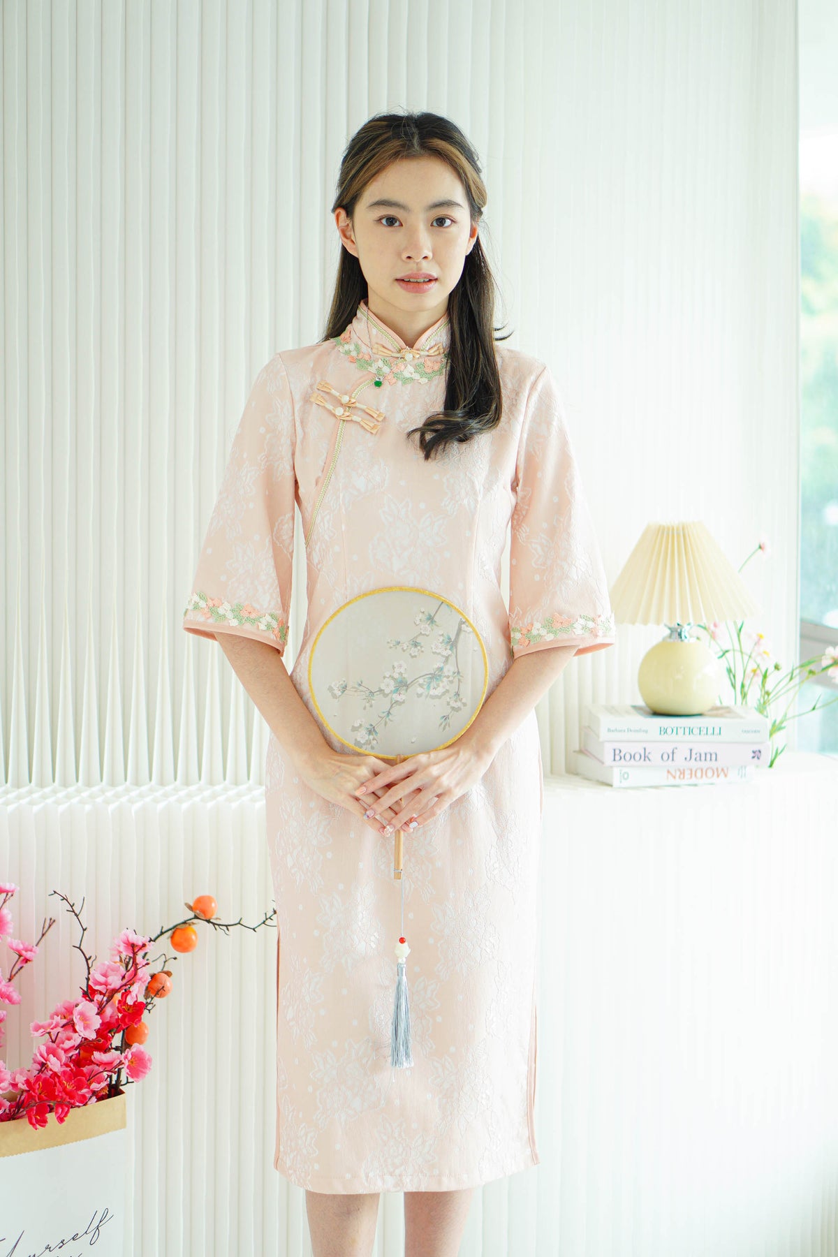 Wen Yi Mid Sleeves Floral Maxi Cheongsam in Pink