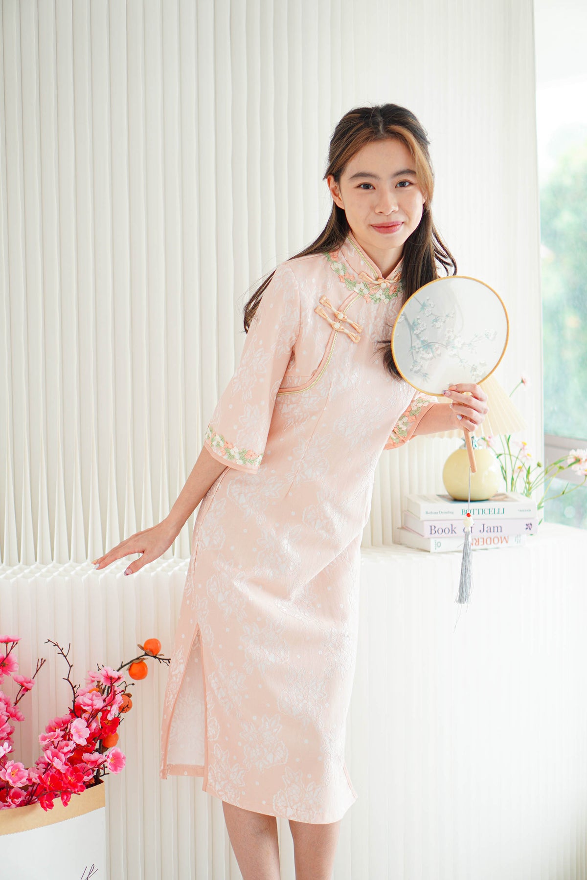 Wen Yi Mid Sleeves Floral Maxi Cheongsam in Pink