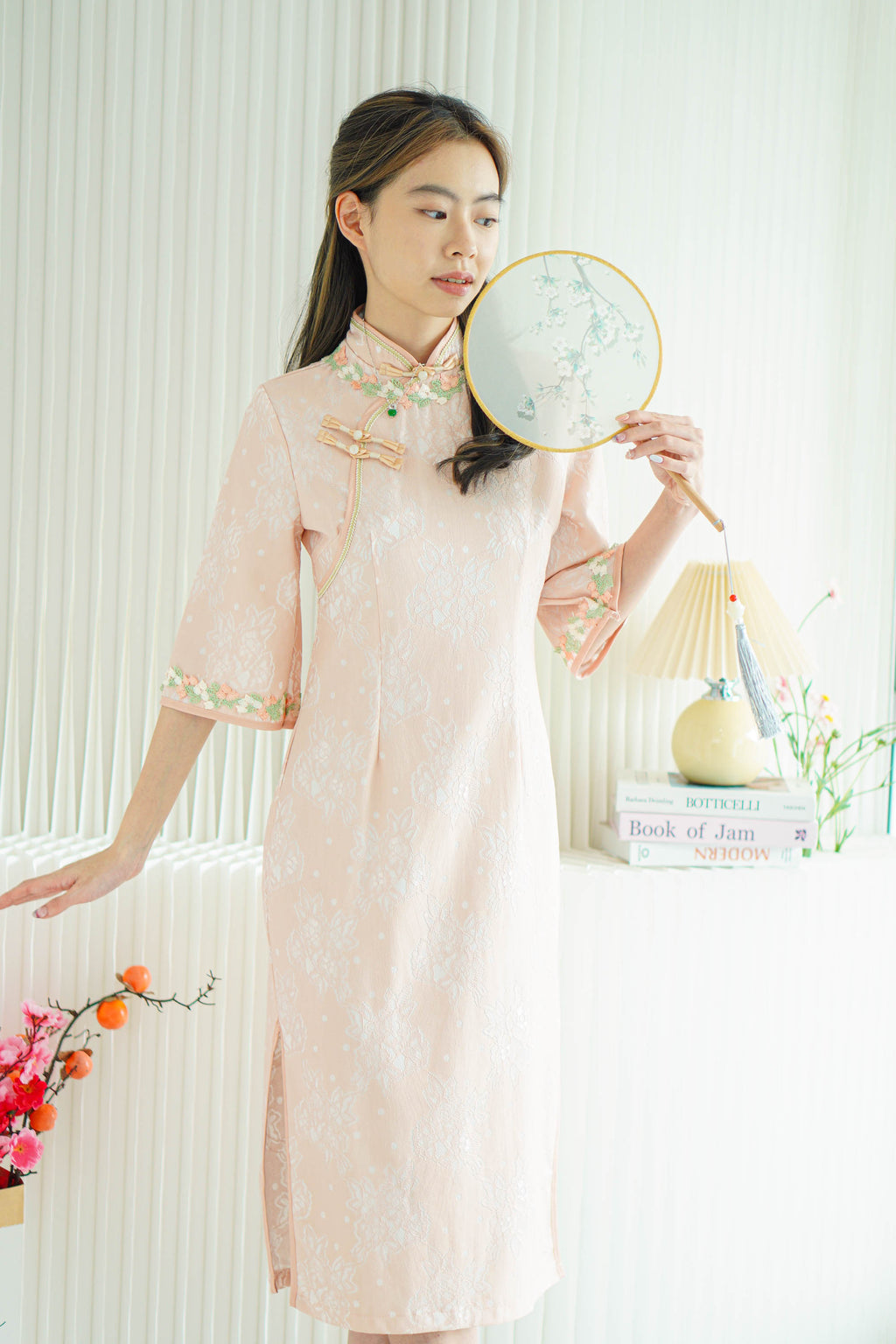 Wen Yi Mid Sleeves Floral Maxi Cheongsam in Pink