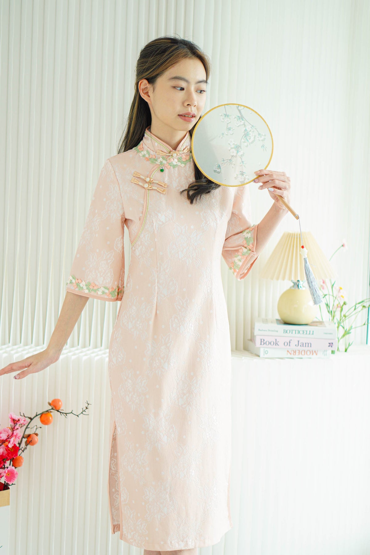 Wen Yi Mid Sleeves Floral Maxi Cheongsam in Pink