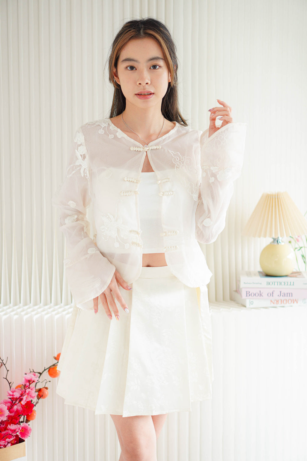 Ni Chen Pleated Short Cheongsam Skirt in Cream