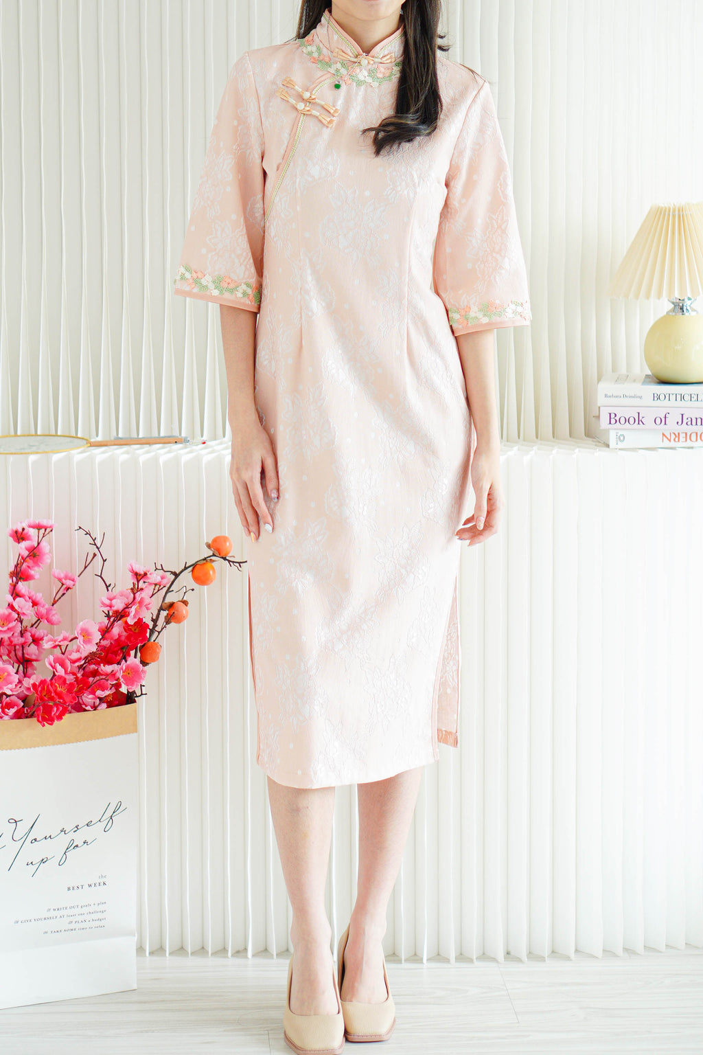 Wen Yi Mid Sleeves Floral Maxi Cheongsam in Pink